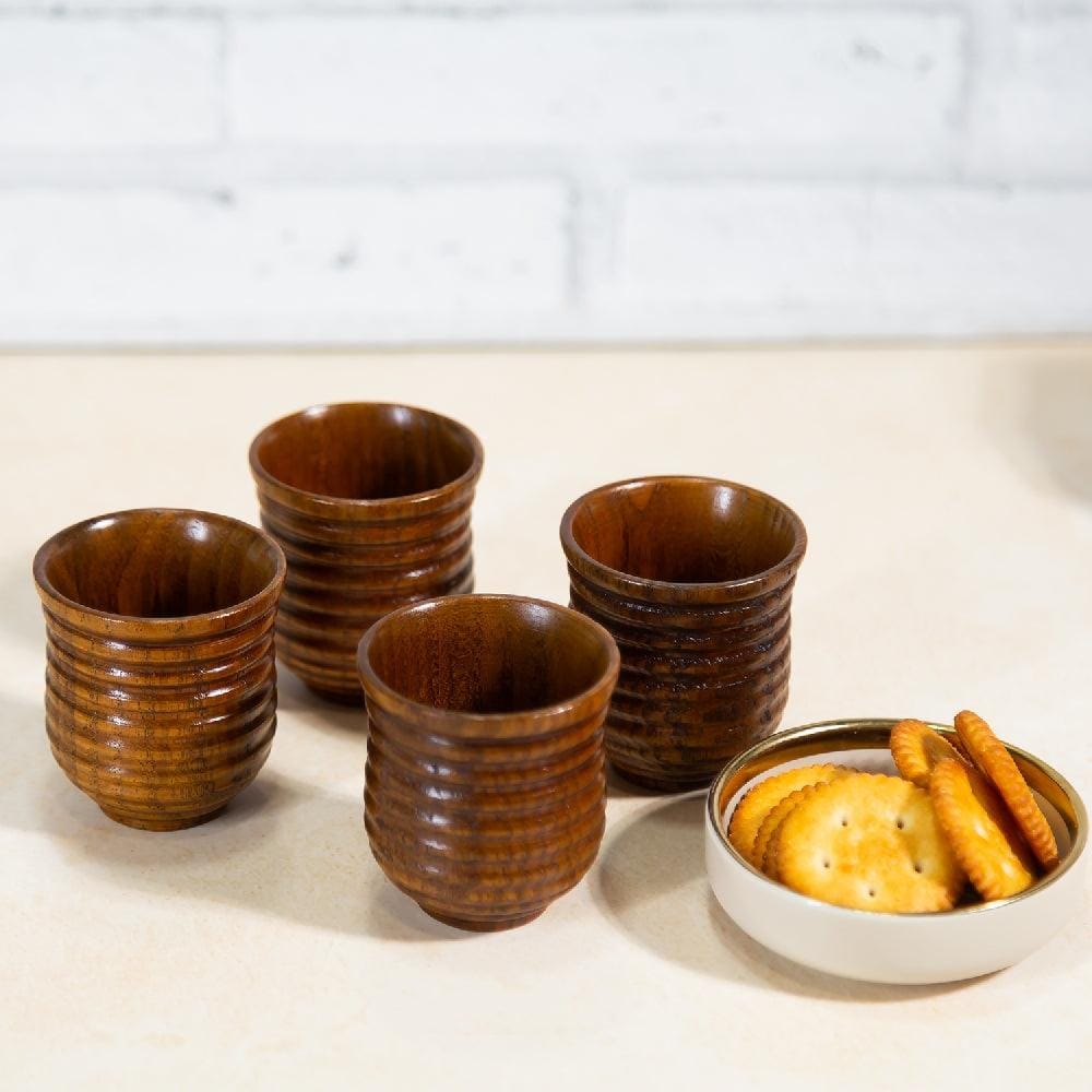 9 Lines Wooden Tea & Coffee Cup Set (80 ml) (Pack of 4)