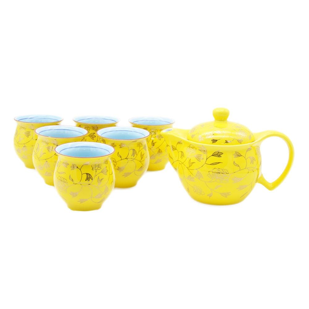 Yellow Ceramic Tea Pot & 6 Cups Set with Gold Rim & SS Infuser in Gift Box