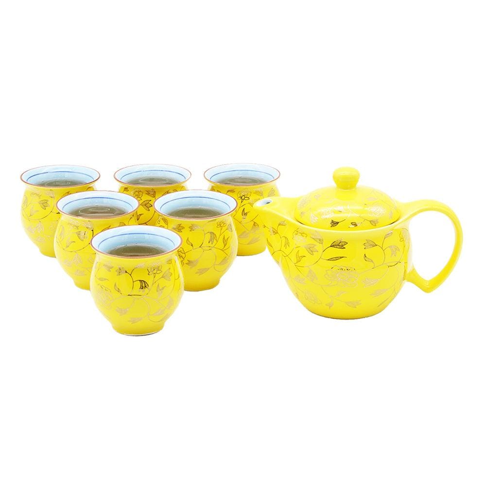 Yellow Ceramic Tea Pot & 6 Cups Set with Gold Rim & SS Infuser in Gift Box